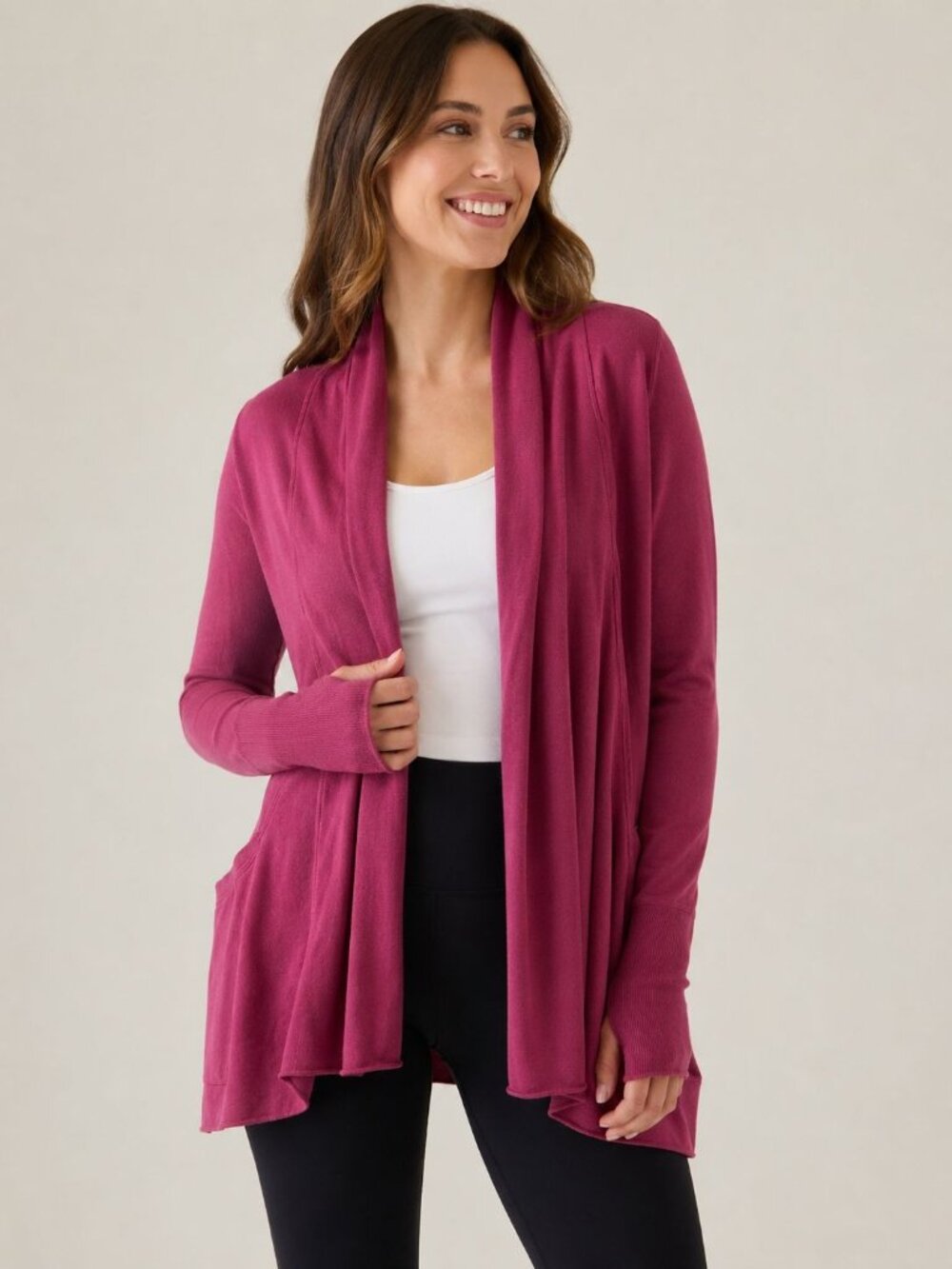 Athleta Wrap Cardigan Burgundy Open Front Thumbhole Athleisure Sweater Minimalis